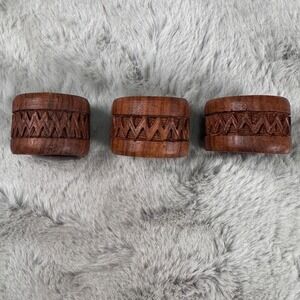 Napkin Rings Wood Hand Carved Zigzag Geometric Set of 3 Brown